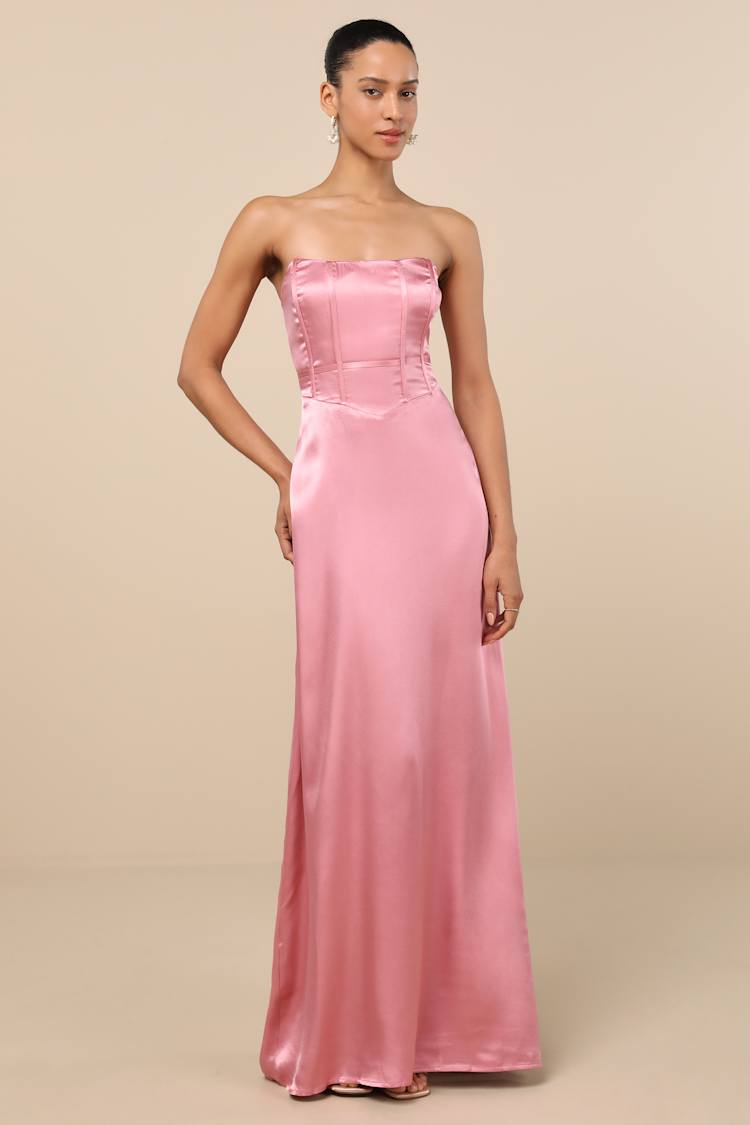 Pink Satin Maxi Dress - Bustier Maxi Dress - Strapless Dress - Lulus