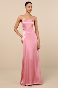 Extraordinary Presence Pink Satin Strapless Maxi Dress 1