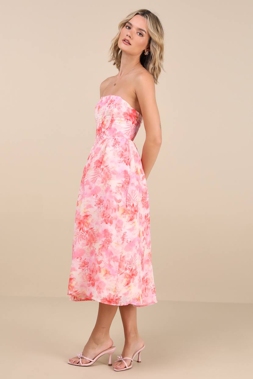 Pink Floral Dress - Strapless Midi Dress - Lace-Up Bustier Dress - Lulus