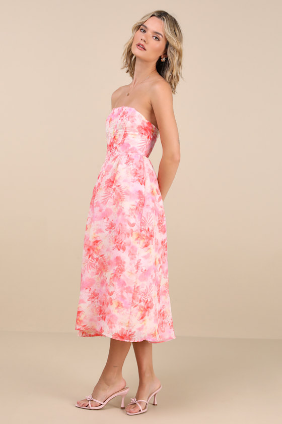 Eulalia Pink Floral Lace-Up Strapless Bustier Midi Dress
