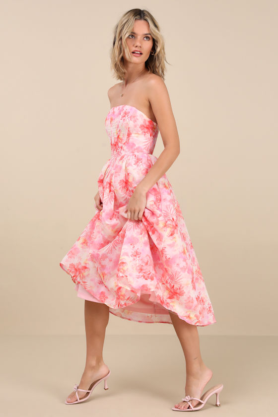 Shop Lulus Eulalia Pink Floral Lace-up Strapless Bustier Midi Dress