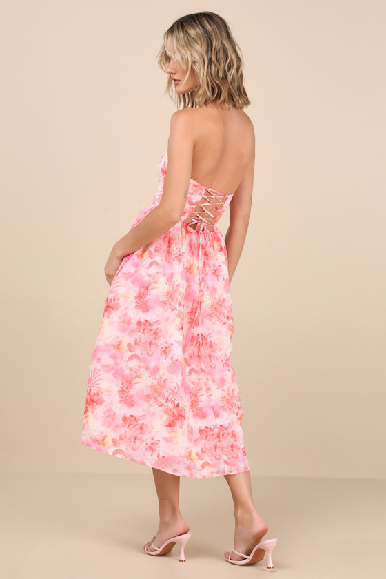 Shop Lulus Eulalia Pink Floral Lace-up Strapless Bustier Midi Dress