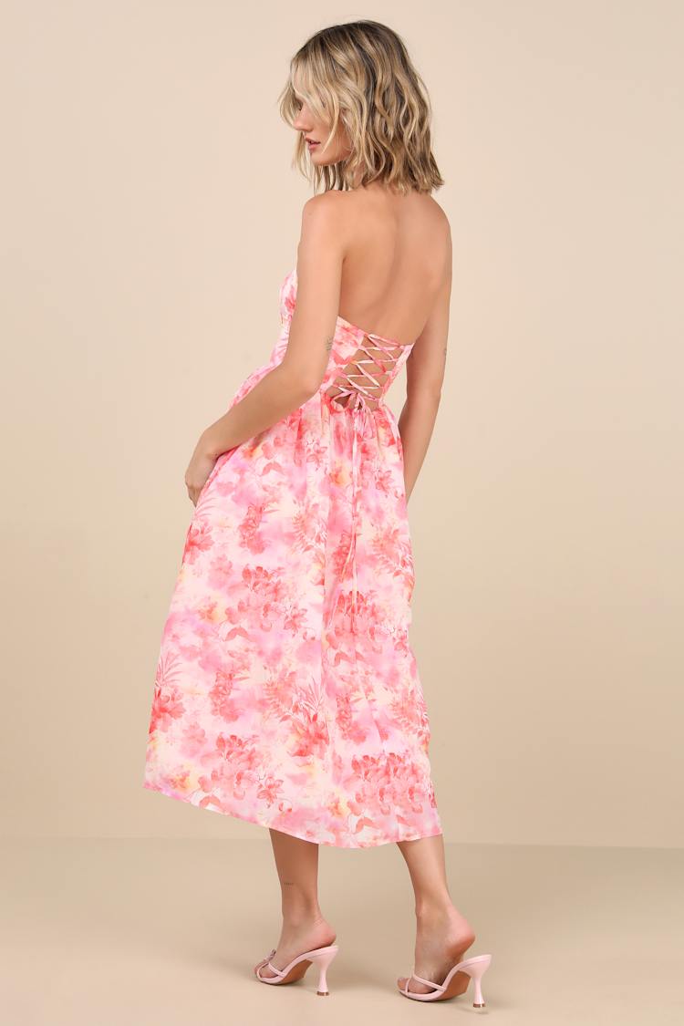 Eulalia Pink Floral Lace-Up Strapless Bustier Midi Dress