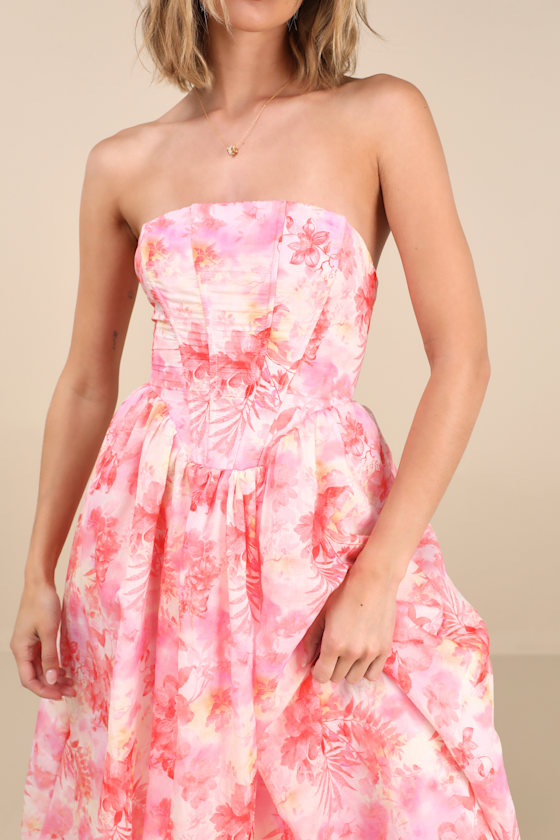 Shop Lulus Eulalia Pink Floral Lace-up Strapless Bustier Midi Dress