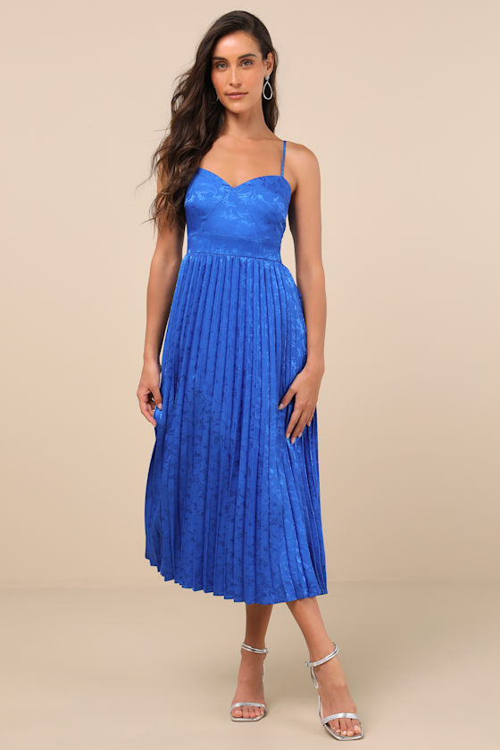 Lulus Regal Romance Blue Floral Jacquard Pleated Satin Midi Dress In Blue