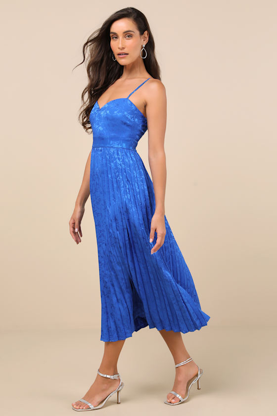 Lulus Regal Romance Blue Floral Jacquard Pleated Satin Midi Dress In Blue
