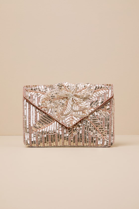 LULUS LUMA GOLD SEQUIN BEADED FLOWER CLUTCH