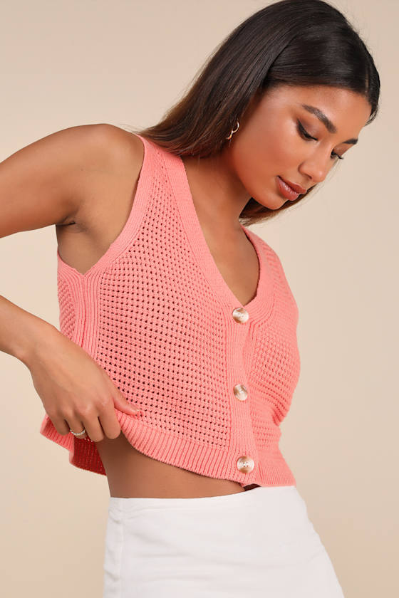 Lulus Aesthetic Ease Coral Pierced Knit Button-front Cropped Tank Top In Coral