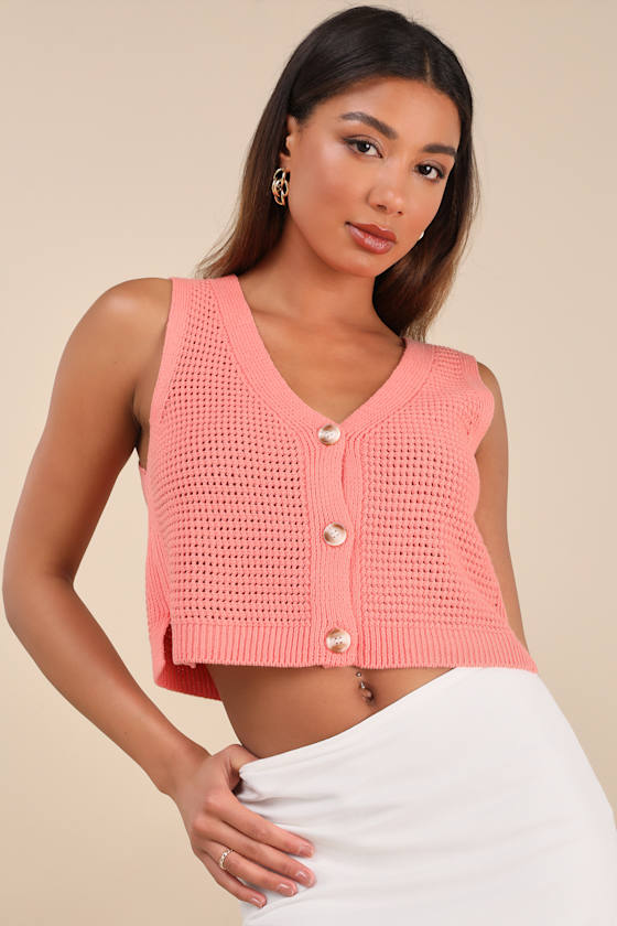 Lulus Aesthetic Ease Coral Pierced Knit Button-front Cropped Tank Top In Coral