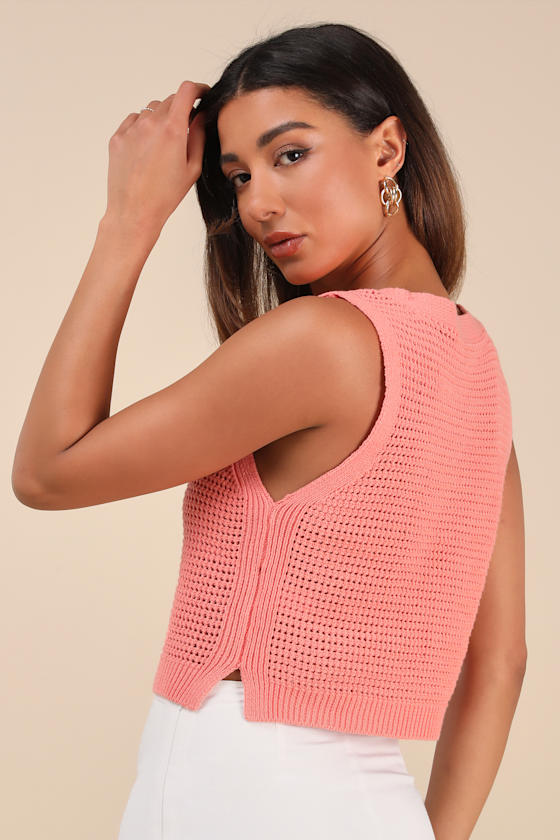 Lulus Aesthetic Ease Coral Pierced Knit Button-front Cropped Tank Top In Coral