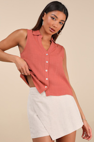 Casual Contentment Terracotta Linen Button-Up Collared Tank Top 1