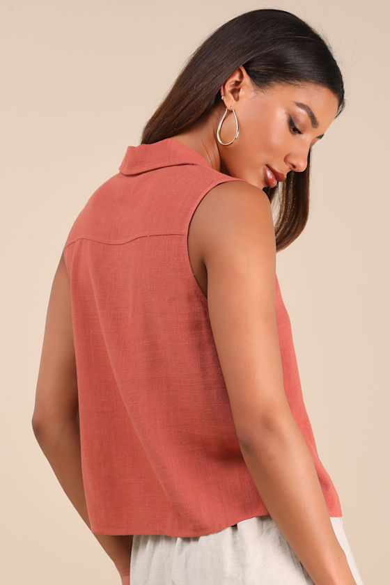 Casual Contentment Terracotta Linen Button-Up Collared Tank Top 2