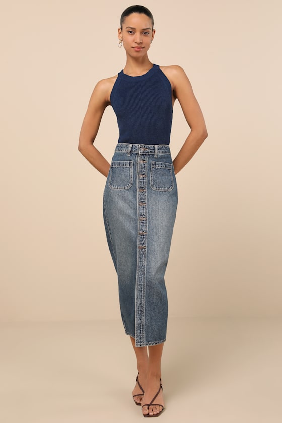 Lulus Staycation Sweetie Navy Knit High Neck Tank Top In Navy