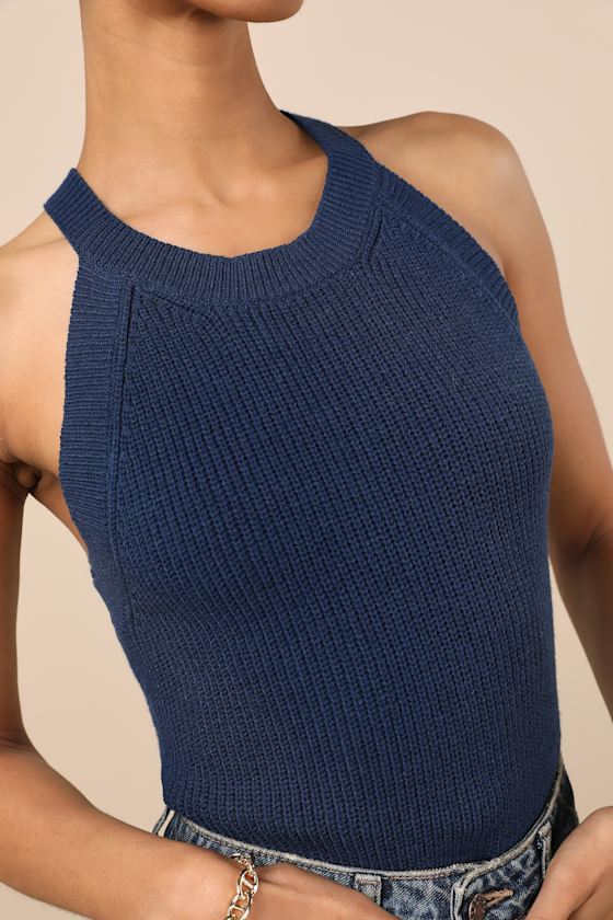 Lulus Staycation Sweetie Navy Knit High Neck Tank Top In Navy
