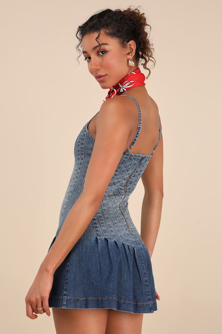 denim pleated mini dress Lee Denim Pleated Mini Dress - Dark Blue