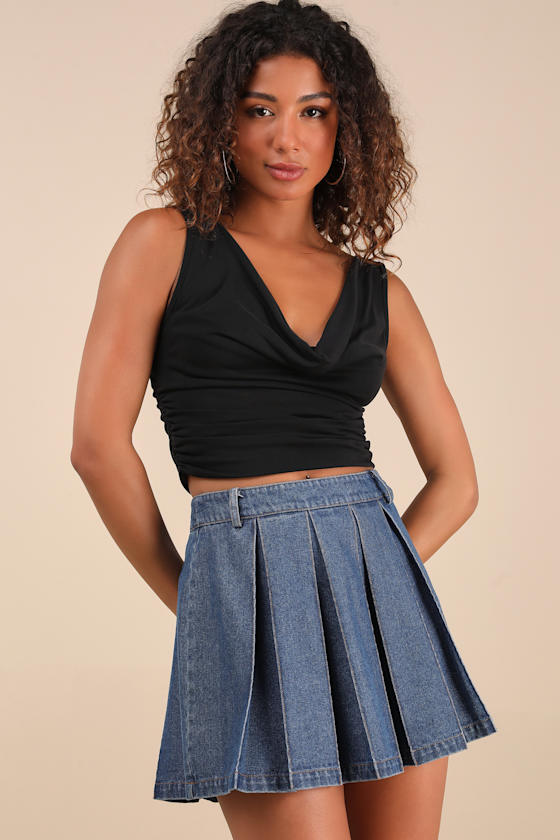 Lulus Taliyah Medium Wash Denim Pleated High-rise Mini Skirt In Blue