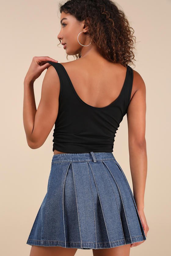 Lulus Taliyah Medium Wash Denim Pleated High-rise Mini Skirt In Blue