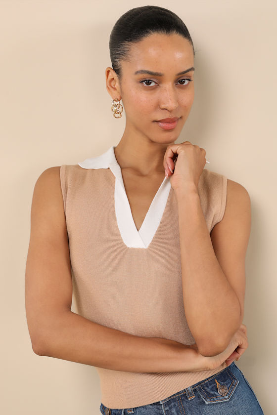 Lulus Henriette Beige And White Collared Sweater Top In Beige And White