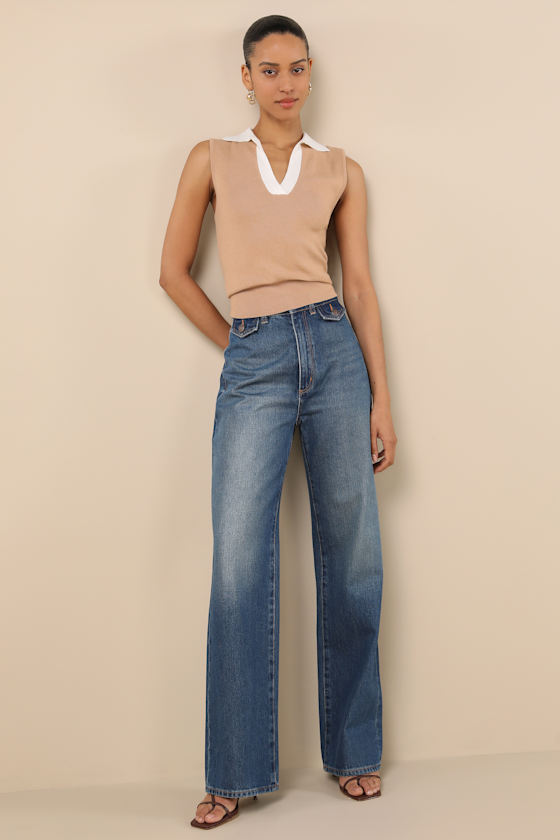 Lulus Henriette Beige And White Collared Sweater Top In Beige And White