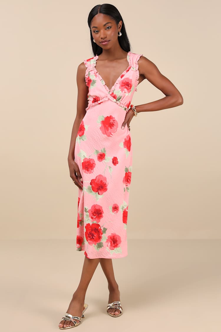 Clarrie Pink Floral Crinkle Satin Ruffled Midi Dress
