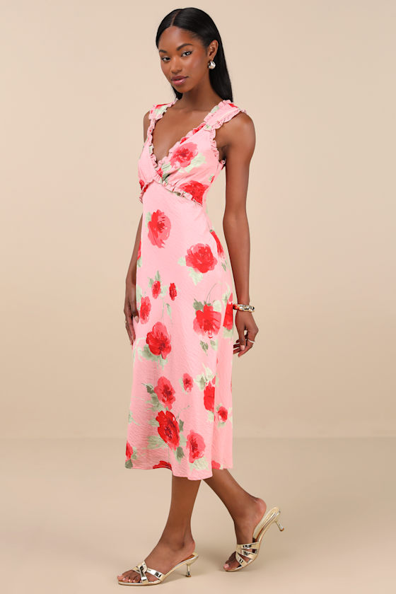 Lulus Clarrie Pink Floral Crinkle Satin Ruffled Midi Dress In Pink