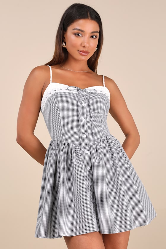 Lulus Amarilis Black And White Gingham Button-front Mini Dress In Black And White