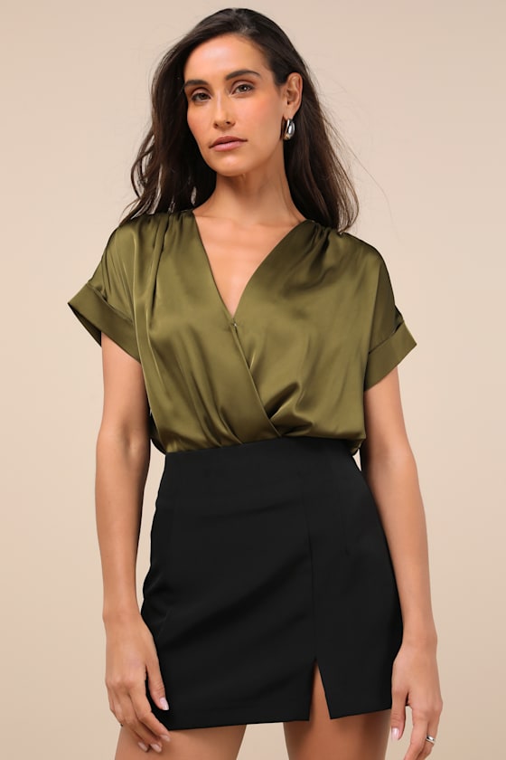 Shop Lulus Posh Precision Olive Green Satin Surplice Short Sleeve Bodysuit