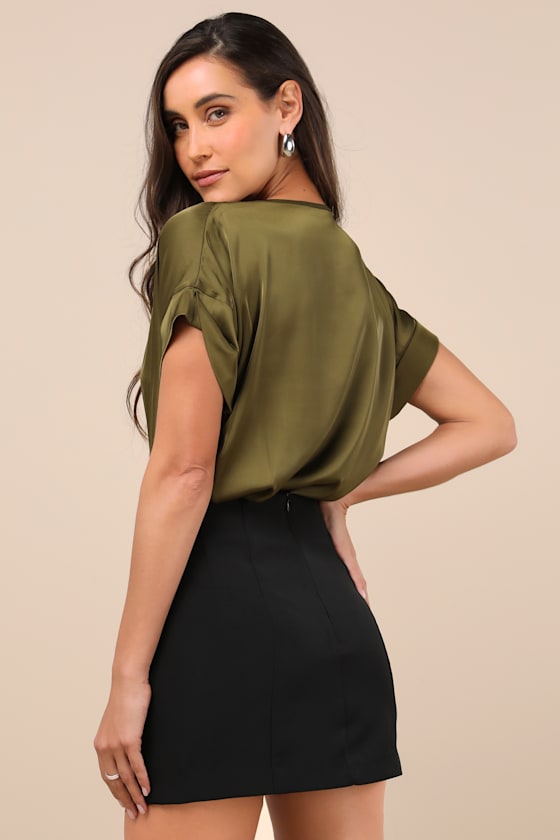 Shop Lulus Posh Precision Olive Green Satin Surplice Short Sleeve Bodysuit