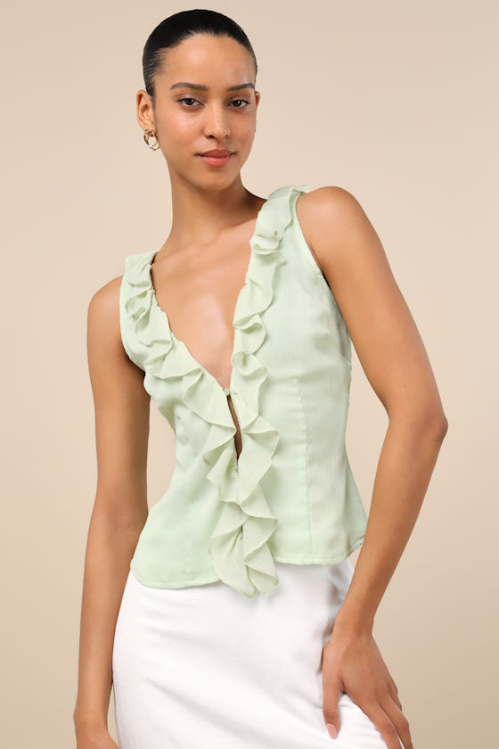 Lulus Briella Light Sage Ruffled Button-front Top In Light Sage
