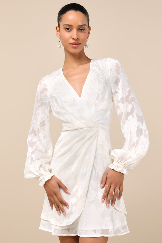 Lulus Callias Ivory Burnout Floral Jacquard Long Sleeve Mini Dress In Ivory