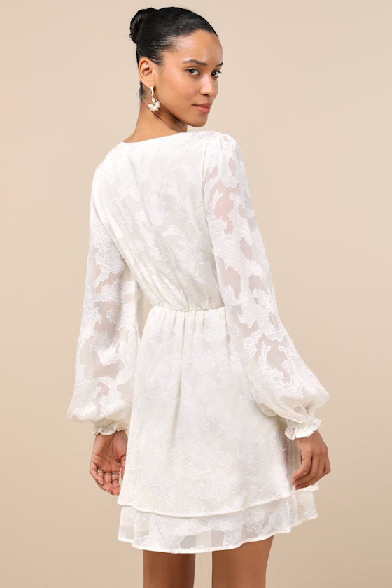 Lulus Callias Ivory Burnout Floral Jacquard Long Sleeve Mini Dress In Ivory
