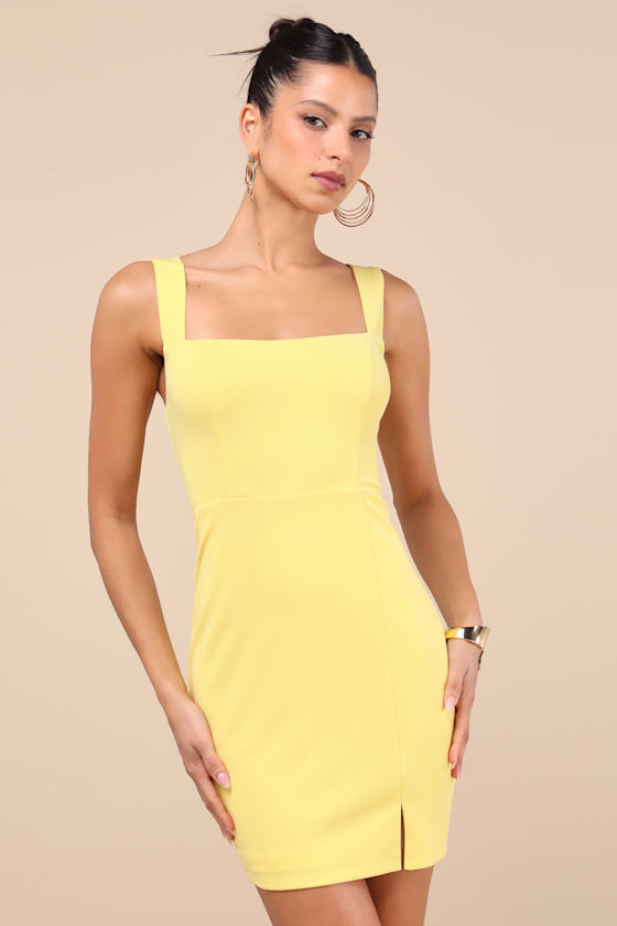 Lulus Social Sensation Light Yellow Square Neck Mini Bodycon Dress In Light Yellow