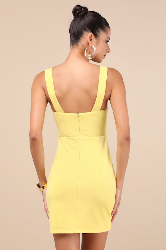 Lulus Social Sensation Light Yellow Square Neck Mini Bodycon Dress In Light Yellow