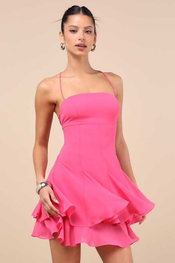 Lulus Perfected Sweetness Hot Pink Pleated Tiered Mini Dress In Hot Pink
