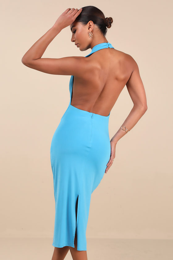 Lulus Eye-catching Silhouette Blue Cowl Neck Halter Midi Dress In Blue