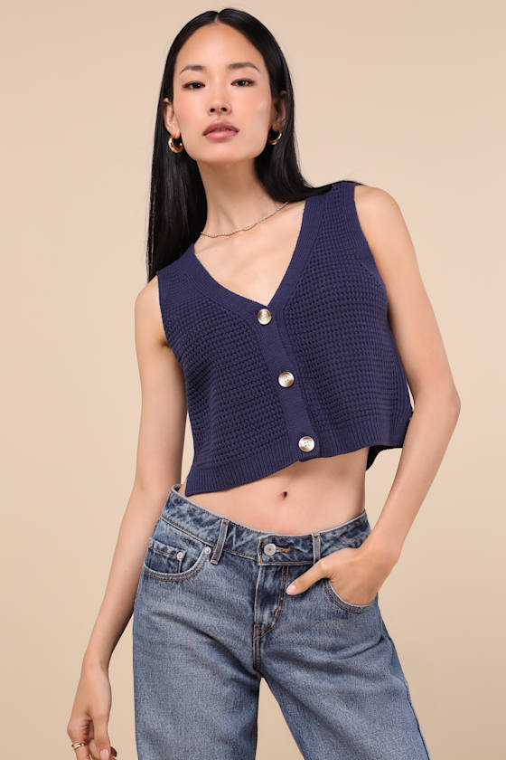 LULUS AESTHETIC EASE NAVY PIERCED KNIT BUTTON-FRONT CROPPED TANK TOP 