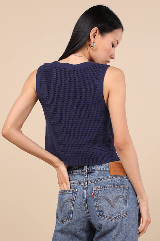LULUS AESTHETIC EASE NAVY PIERCED KNIT BUTTON-FRONT CROPPED TANK TOP 