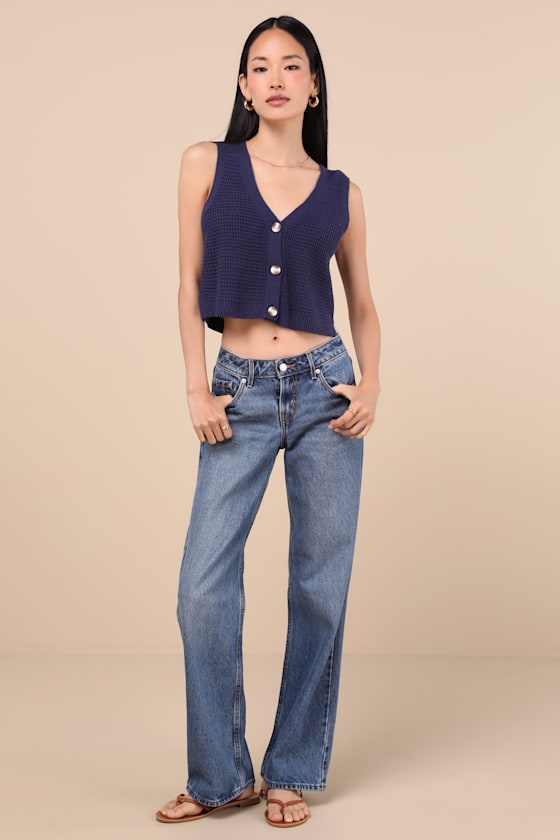 LULUS AESTHETIC EASE NAVY PIERCED KNIT BUTTON-FRONT CROPPED TANK TOP 