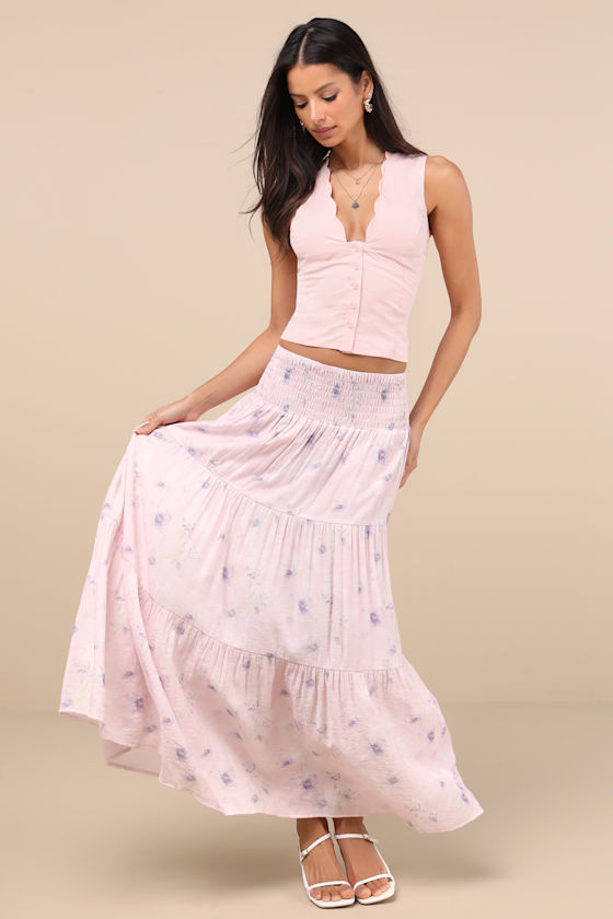 Lulus Anthea Light Pink Floral Smocked Tiered Maxi Skirt In Light Pink