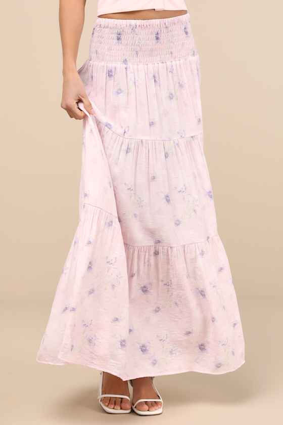 Lulus Anthea Light Pink Floral Smocked Tiered Maxi Skirt In Light Pink