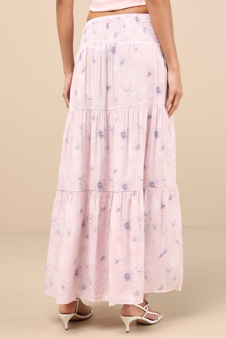 Anthea Light Pink Floral Smocked Tiered Maxi Skirt
