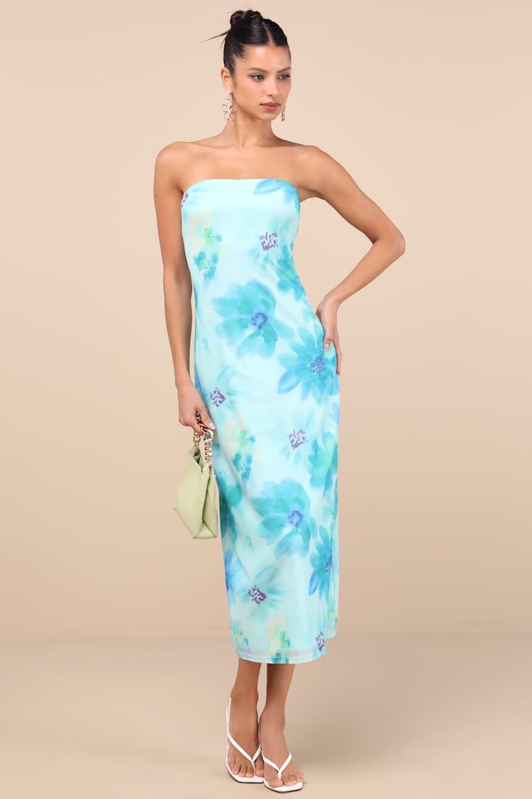 knee length dresses for ladies Blue Floral Pattern Crewneck Sleeveless Midi Dress main image 0