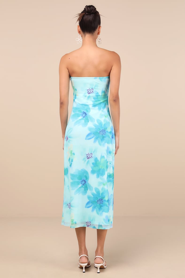 Jaylah Aqua Blue Floral Strapless Mesh Strapless Midi Dress