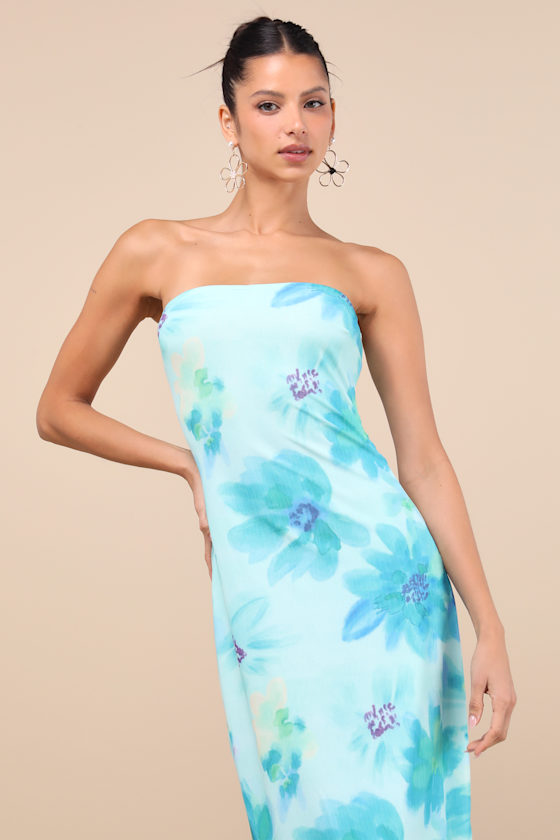 Lulus Jaylah Aqua Blue Floral Strapless Mesh Strapless Midi Dress In Blue