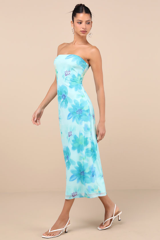 Lulus Jaylah Aqua Blue Floral Strapless Mesh Strapless Midi Dress In Blue