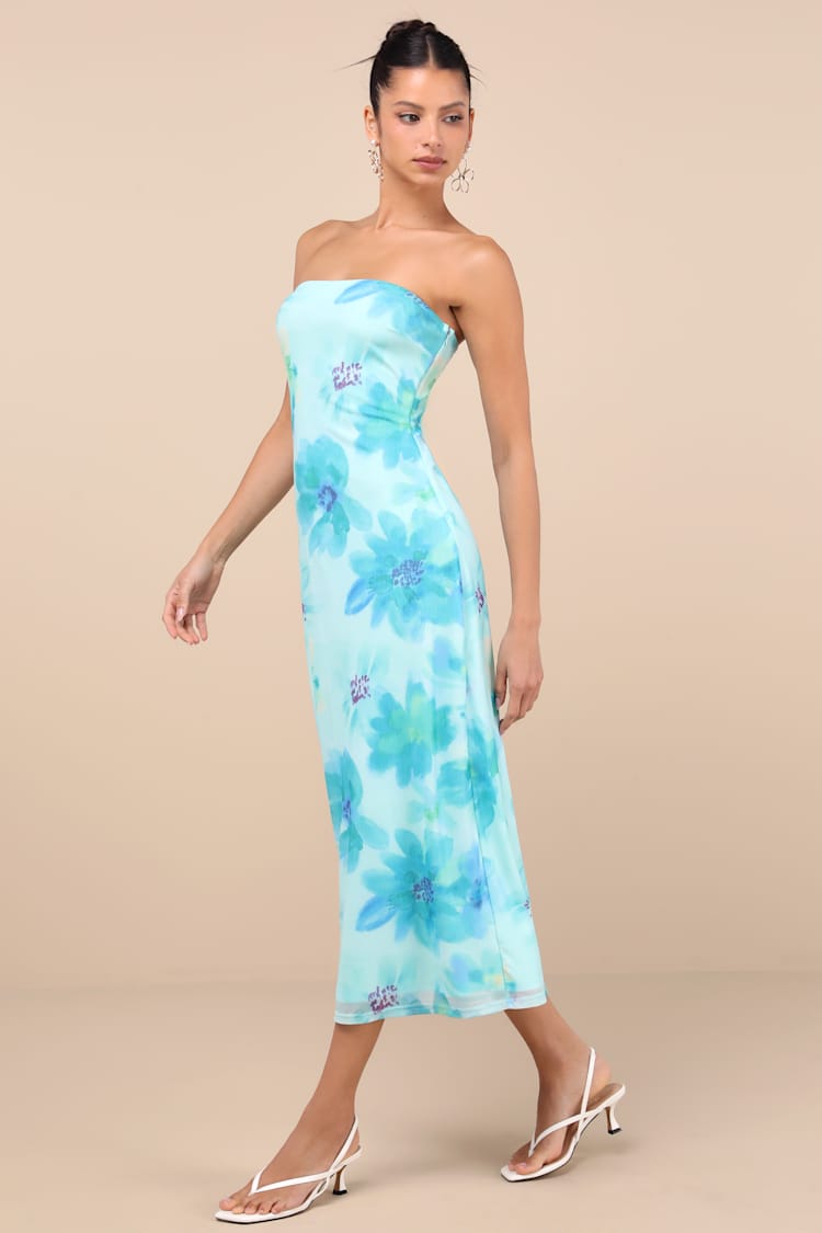 Aqua Blue Floral Dress - Mesh Midi Dress - Strapless Midi Dress - Lulus