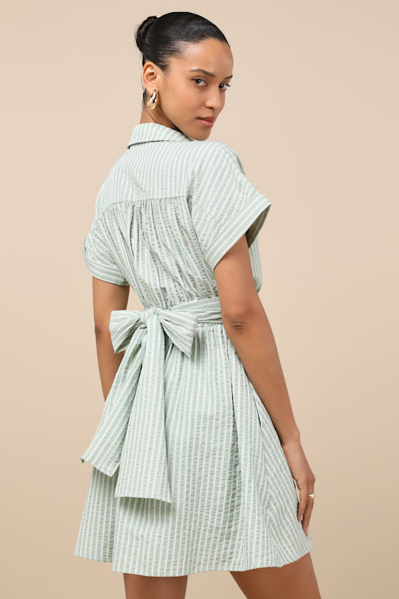 Lulus Breeze By Green Striped Tie-back Mini Dress With Pockets In Green