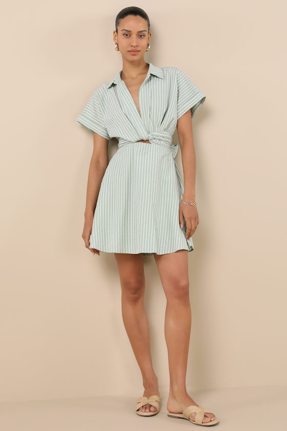 Lulus Breeze By Green Striped Tie-back Mini Dress With Pockets In Green