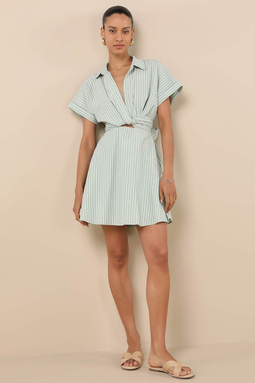 Breeze By Green Striped Tie-Back Mini Dress With Pockets