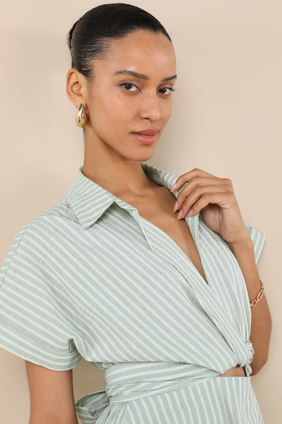 Lulus Breeze By Green Striped Tie-back Mini Dress With Pockets In Green